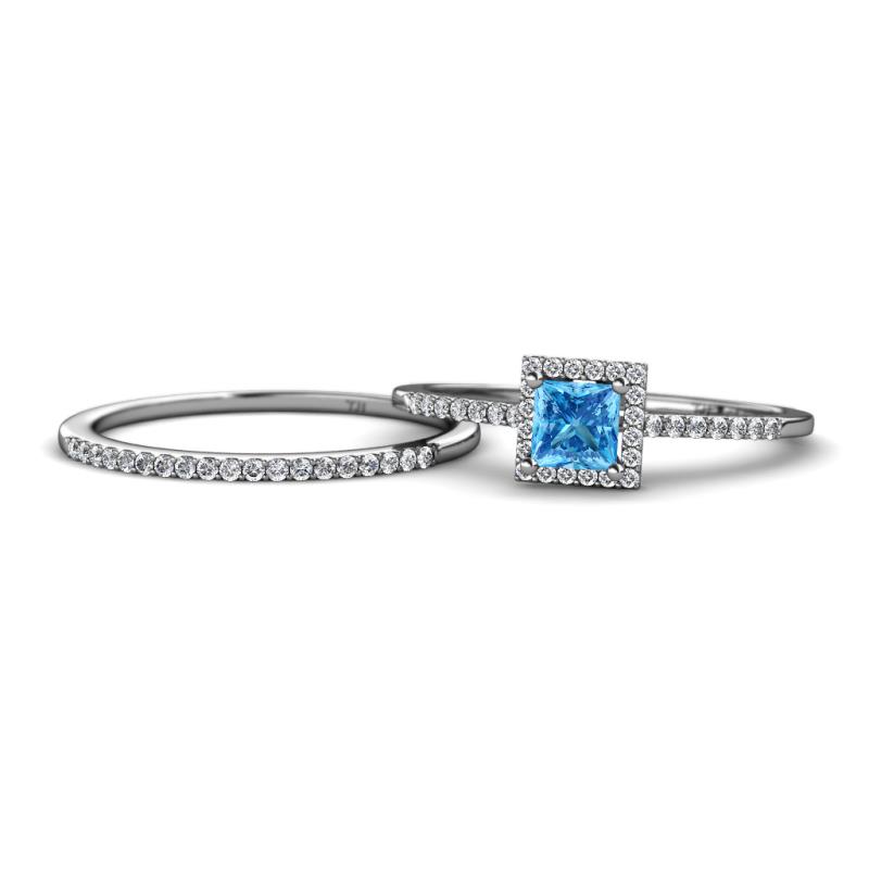 Junia 5.50 mm Princess Cut Blue Topaz and Round Diamond Bridal Set Ring 