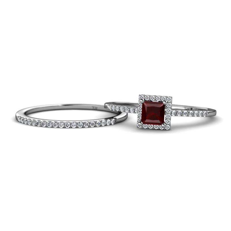 Junia 5.50 mm Princess Cut Red Garnet and Round Diamond Bridal Set Ring 