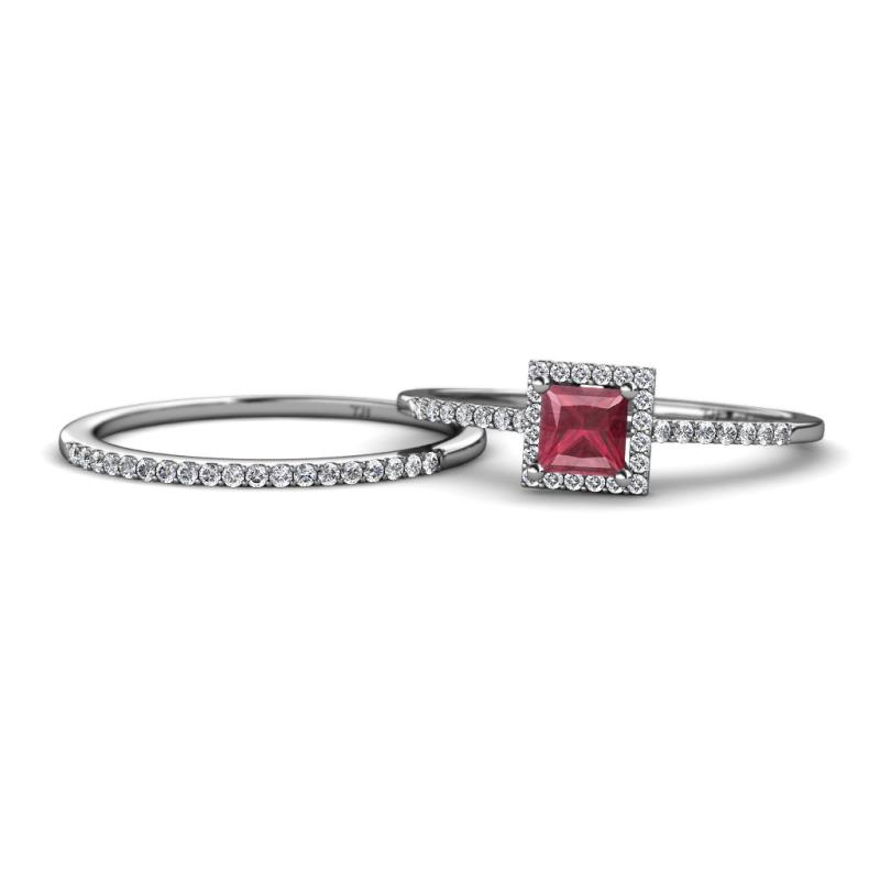 Junia 5.50 mm Princess Cut Rhodolite Garnet and Round Diamond Bridal Set Ring 