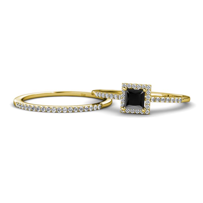 Junia 5.50 mm Princess Cut Black Diamond and Round Diamond Bridal Set Ring 