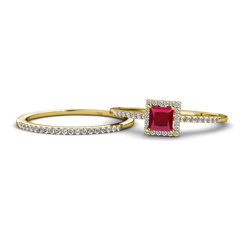 Junia 5.50 mm Princess Cut Lab Created Ruby and Round Diamond Bridal Set Ring 