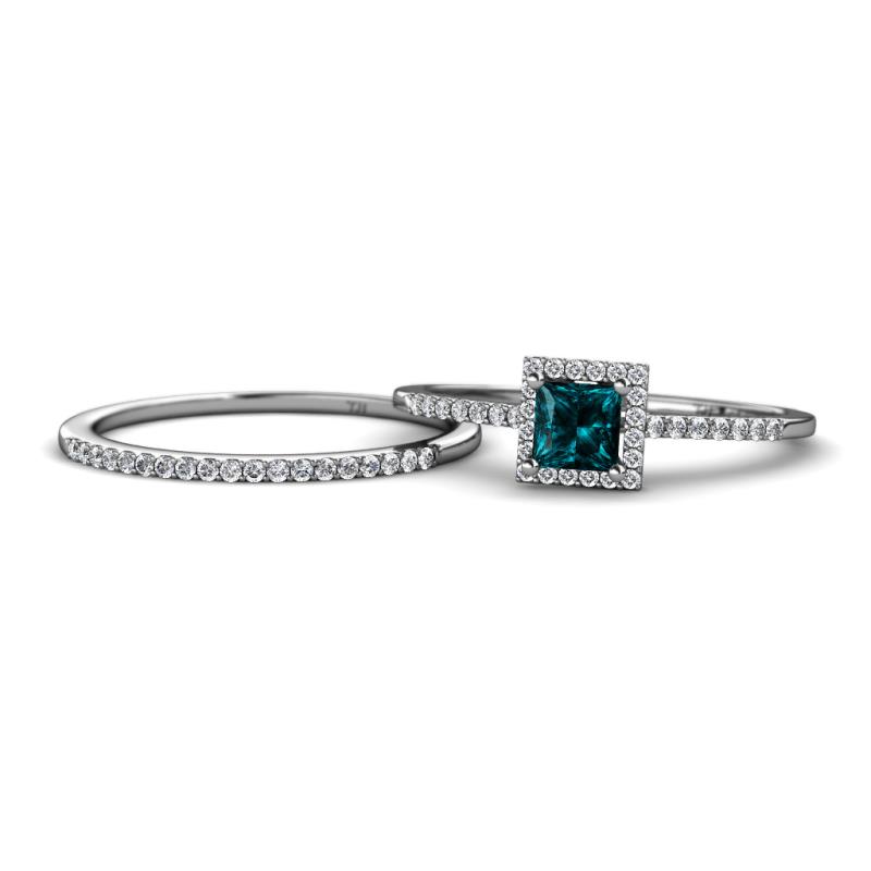 Junia 5.50 mm Princess Cut London Blue Topaz and Round Diamond Bridal Set Ring 