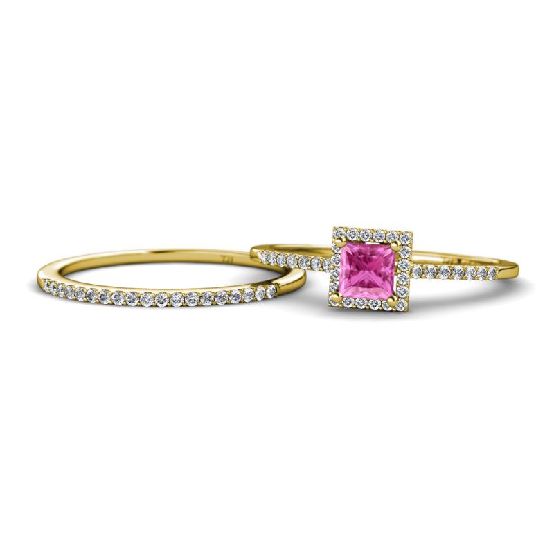 Junia 5.50 mm Princess Cut Lab Created Pink Sapphire and Round Diamond Bridal Set Ring 