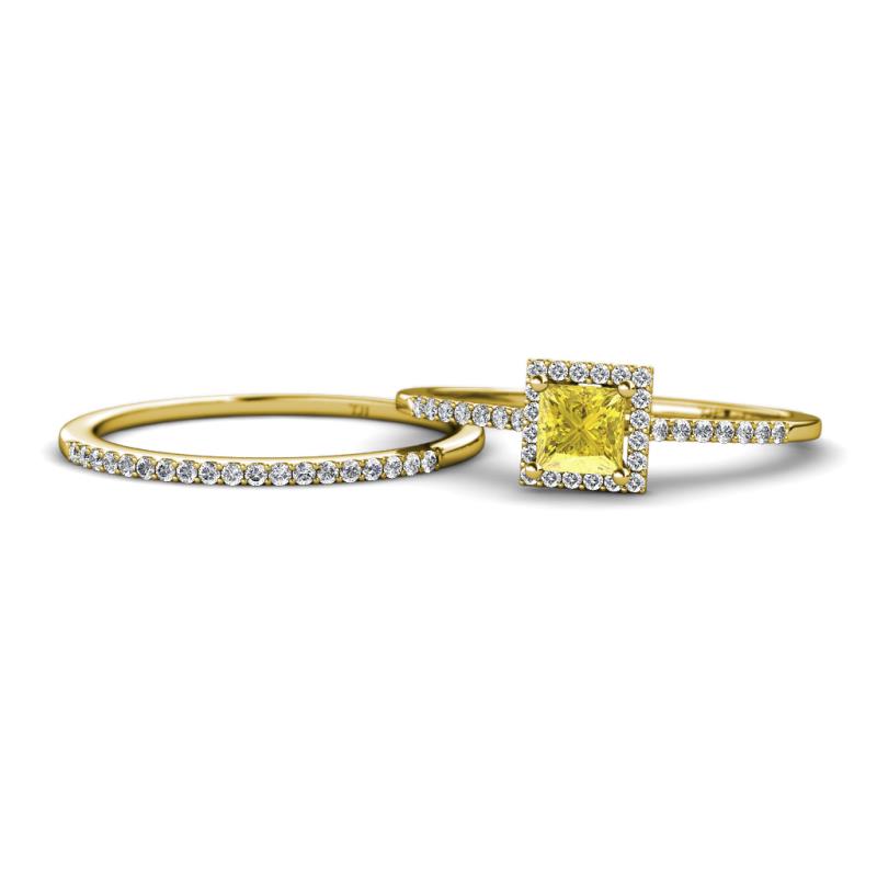 Junia 5.50 mm Princess Cut Lab Created Yellow Sapphire and Round Diamond Bridal Set Ring 