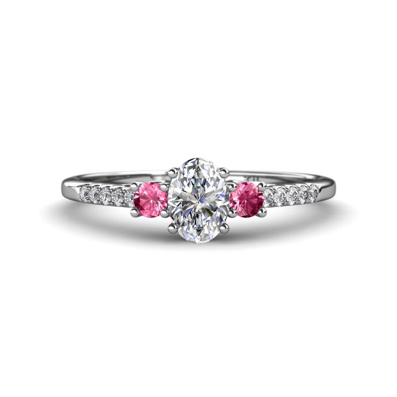 Arista Classic Oval Cut Diamond and Round Pink Tourmaline Three Stone Engagement Ring 
