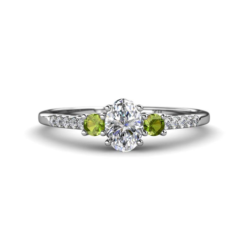Arista Classic Oval Cut Diamond and Round Peridot Three Stone Engagement Ring 
