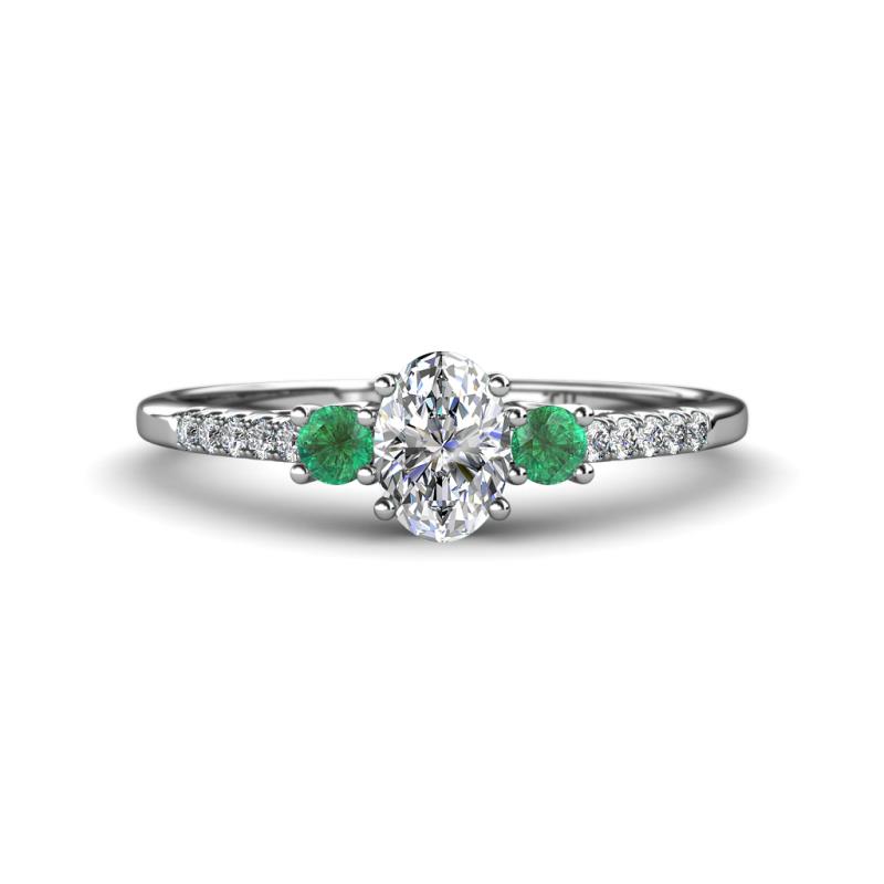 Arista Classic Oval Cut Diamond and Round Emerald Three Stone Engagement Ring 