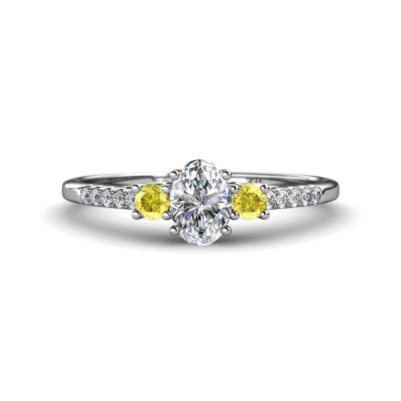 Arista Classic Oval Cut Diamond and Round Yellow Sapphire Three Stone Engagement Ring 