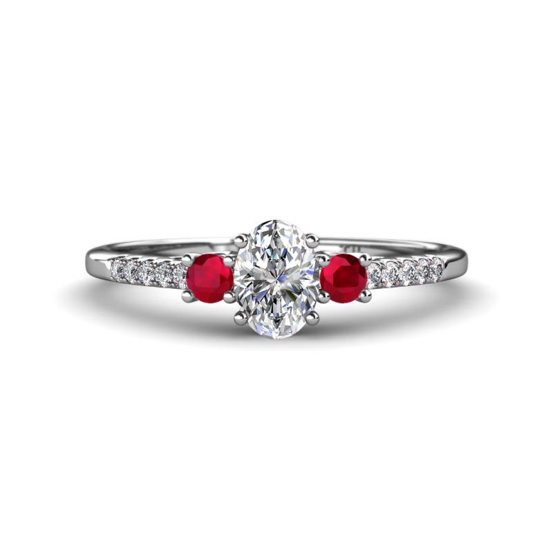 Arista Classic Oval Cut Diamond and Round Ruby Three Stone Engagement Ring 