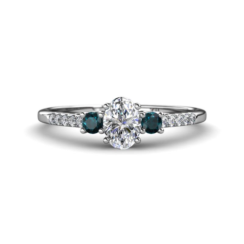 Arista Classic Oval Cut Diamond and Round London Blue Topaz Three Stone Engagement Ring 