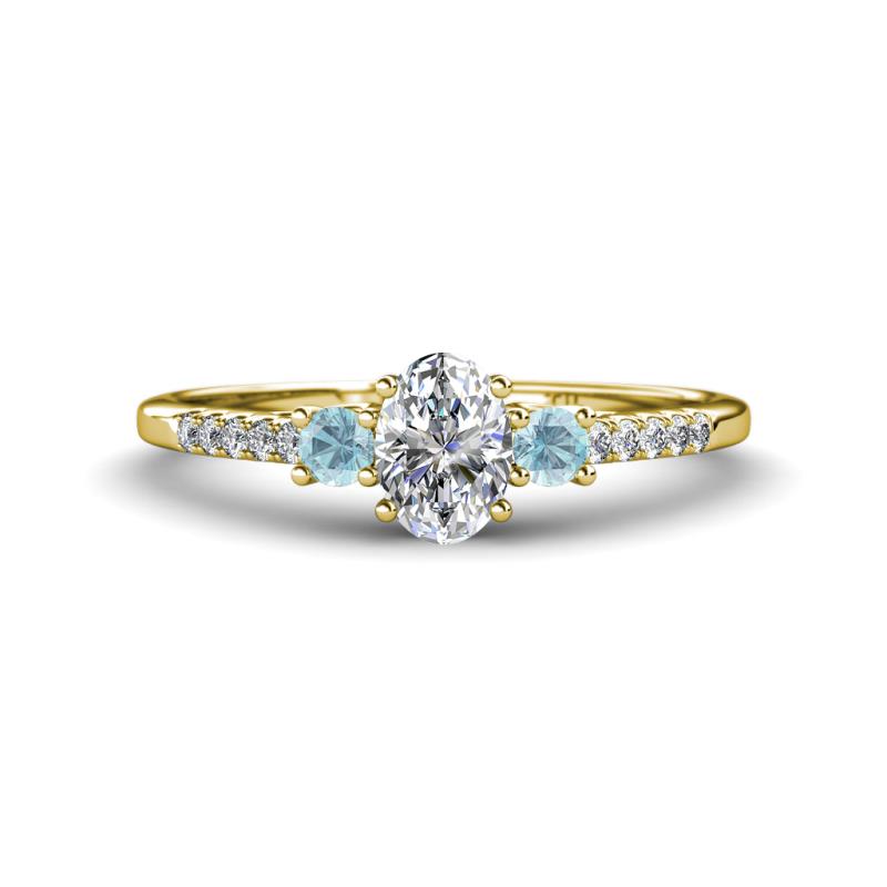 Arista Classic Oval Cut Diamond and Round Aquamarine Three Stone Engagement Ring 