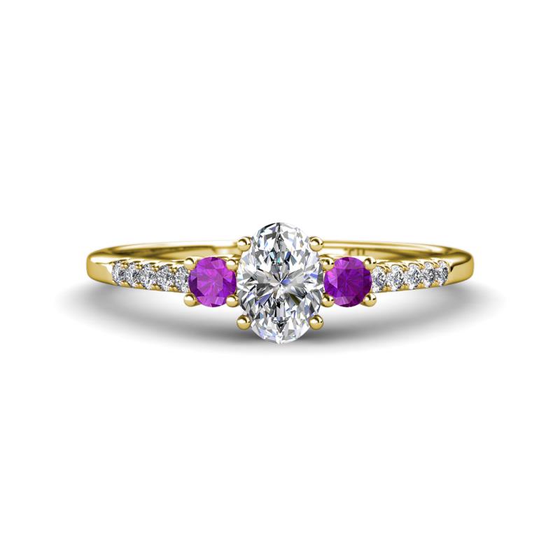 Arista Classic Oval Cut Diamond and Round Amethyst Three Stone Engagement Ring 
