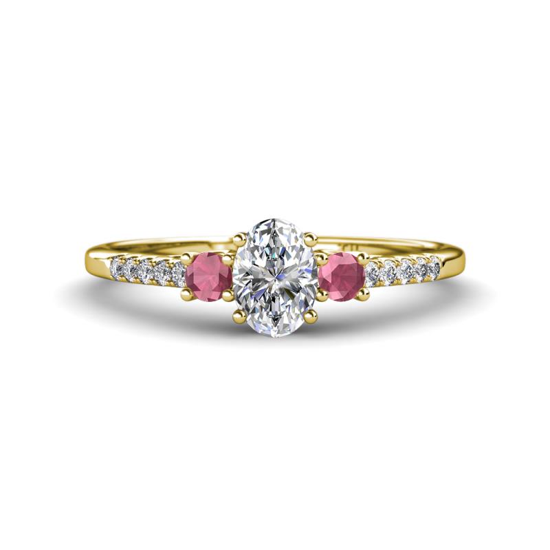 Arista Classic Oval Cut Diamond and Round Rhodolite Garnet Three Stone Engagement Ring 