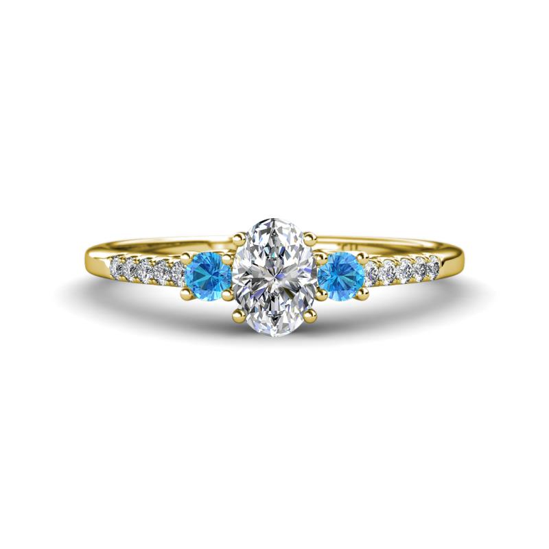 Arista Classic Oval Cut Diamond and Round Blue Topaz Three Stone Engagement Ring 