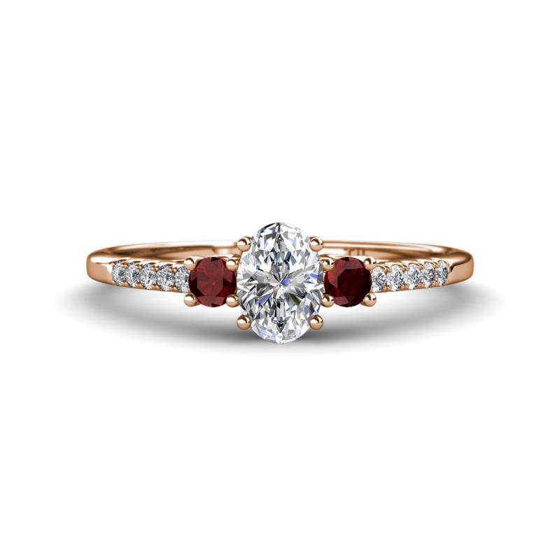 Arista Classic Oval Cut Diamond and Round Red Garnet Three Stone Engagement Ring 