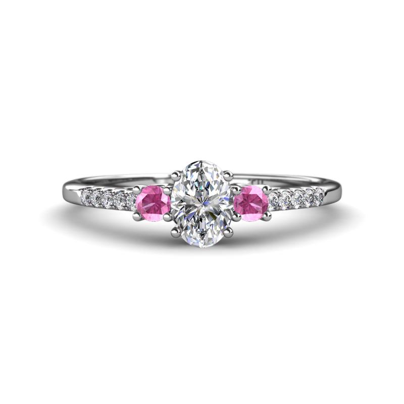 Arista Classic Oval Cut Diamond and Round Pink Sapphire Three Stone Engagement Ring 