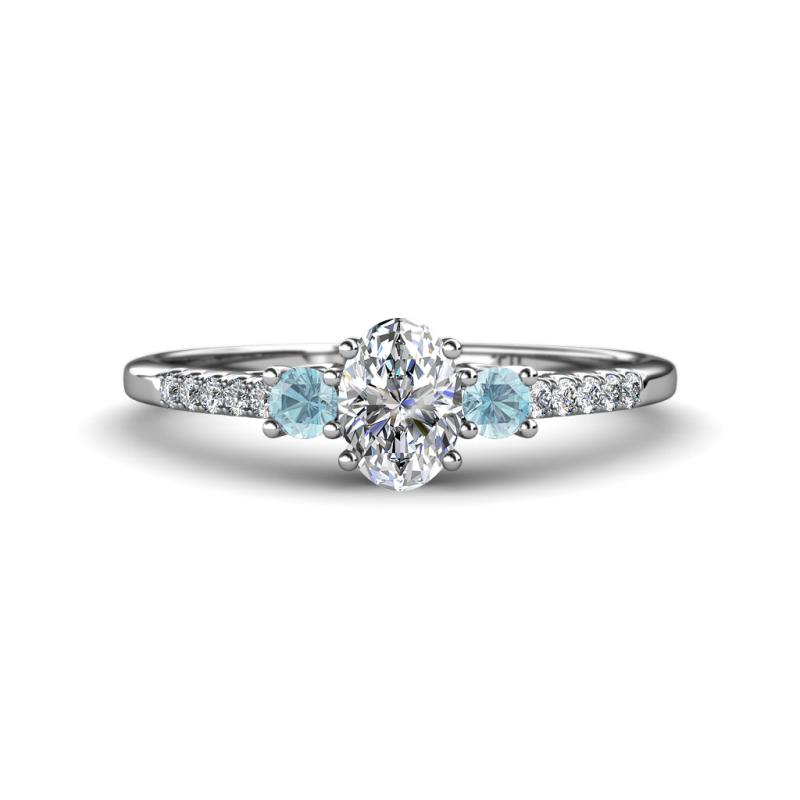 Arista Classic Oval Cut Diamond and Round Aquamarine Three Stone Engagement Ring 