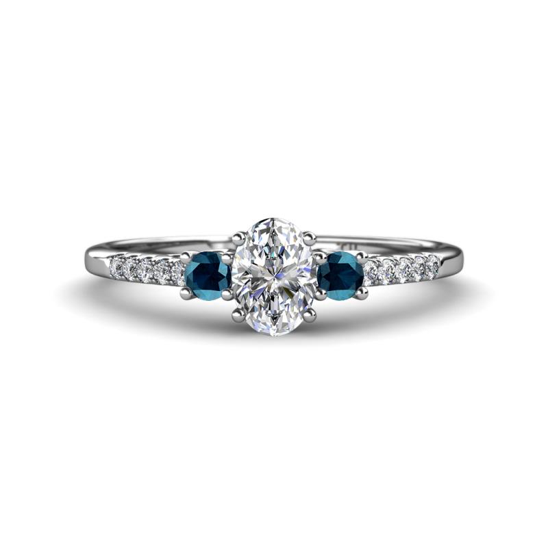 Arista Classic Oval Cut White Diamond and Round Blue Diamond Three Stone Engagement Ring 