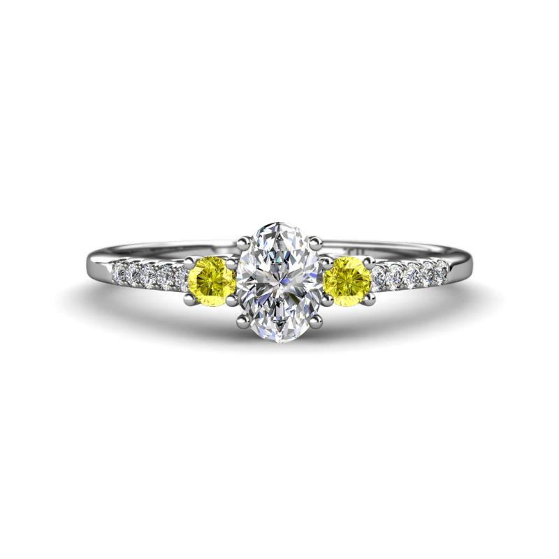 Arista Classic Oval Cut White Diamond and Round Yellow Diamond Three Stone Engagement Ring 