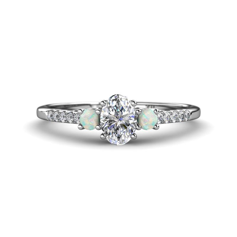 Arista Classic Oval Cut Diamond and Round Opal Three Stone Engagement Ring 