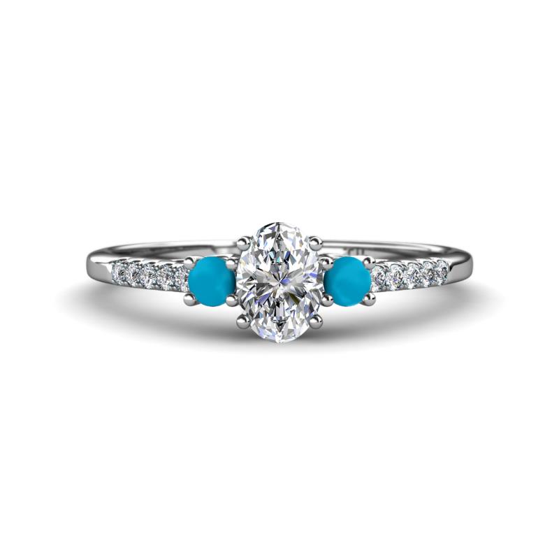 Arista Classic Oval Cut Diamond and Round Turquoise Three Stone Engagement Ring 