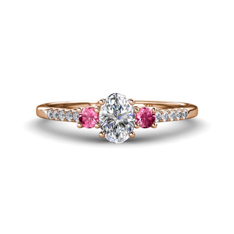 Arista Classic Oval Cut Lab Grown Diamond and Round Pink Tourmaline Three Stone Engagement Ring 