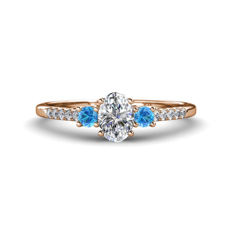 Arista Classic Oval Cut Lab Grown Diamond and Round Blue Topaz Three Stone Engagement Ring 