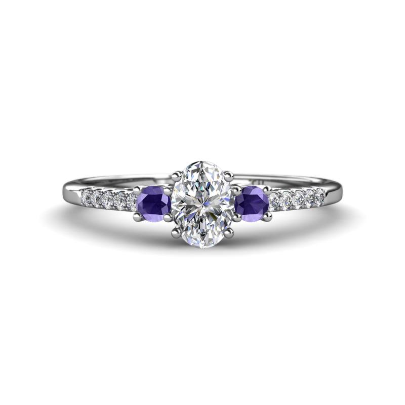 Arista Classic Oval Cut Lab Grown Diamond and Round Iolite Three Stone Engagement Ring 
