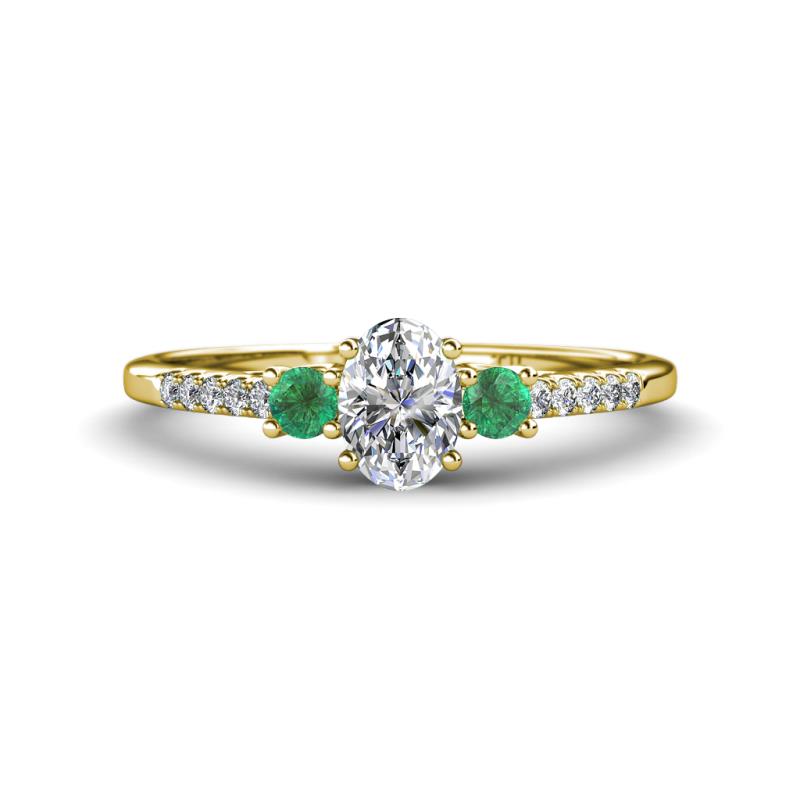 Arista Classic Oval Cut Lab Grown Diamond and Round Emerald Three Stone Engagement Ring 
