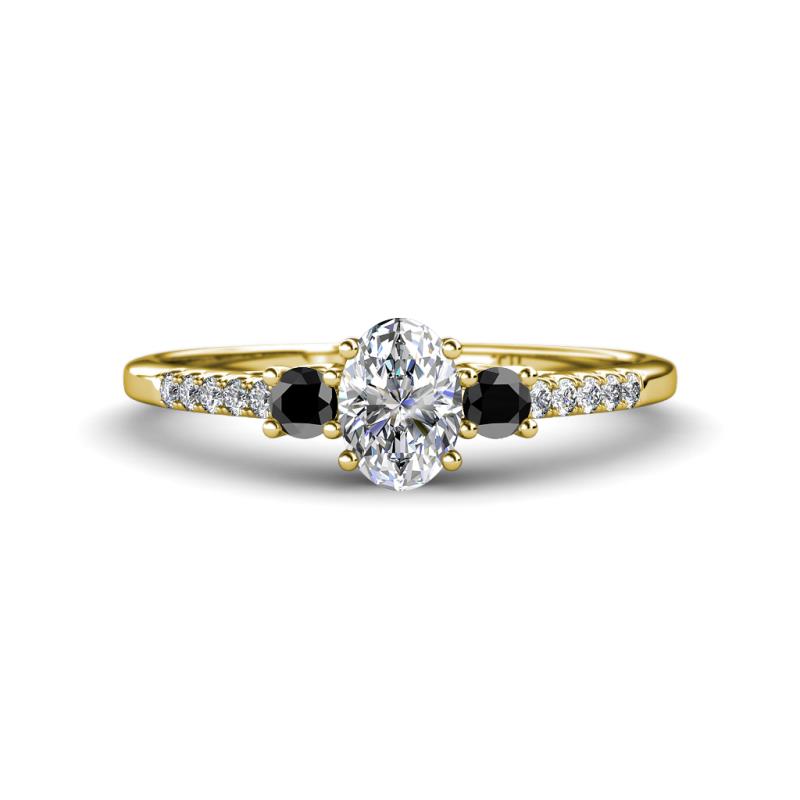 Arista Classic Oval Cut Lab Grown Diamond and Round Black Diamond Three Stone Engagement Ring 