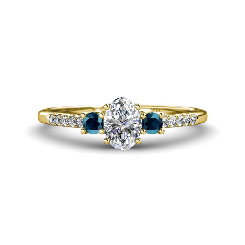 Arista Classic Oval Cut Lab Grown Diamond and Round Blue Diamond Three Stone Engagement Ring 