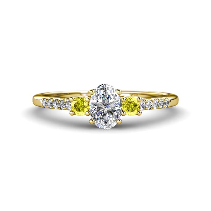 Arista Classic Oval Cut Lab Grown Diamond and Round Yellow Diamond Three Stone Engagement Ring 