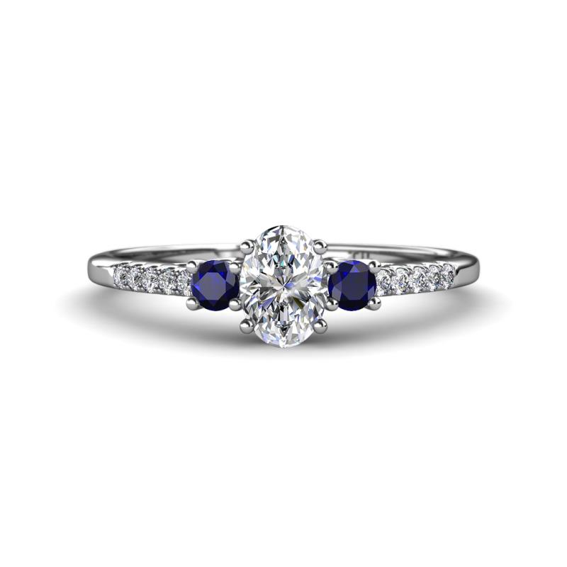 Arista Classic Oval Cut Lab Grown Diamond and Round Blue Sapphire Three Stone Engagement Ring 
