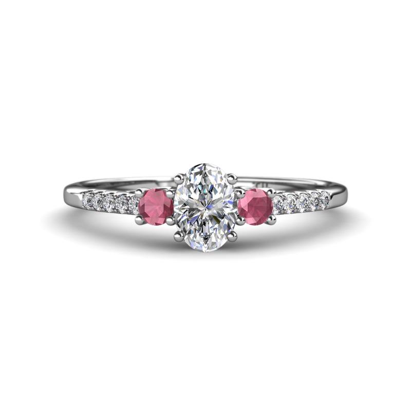 Arista Classic Oval Cut Lab Grown Diamond and Round Rhodolite Garnet Three Stone Engagement Ring 