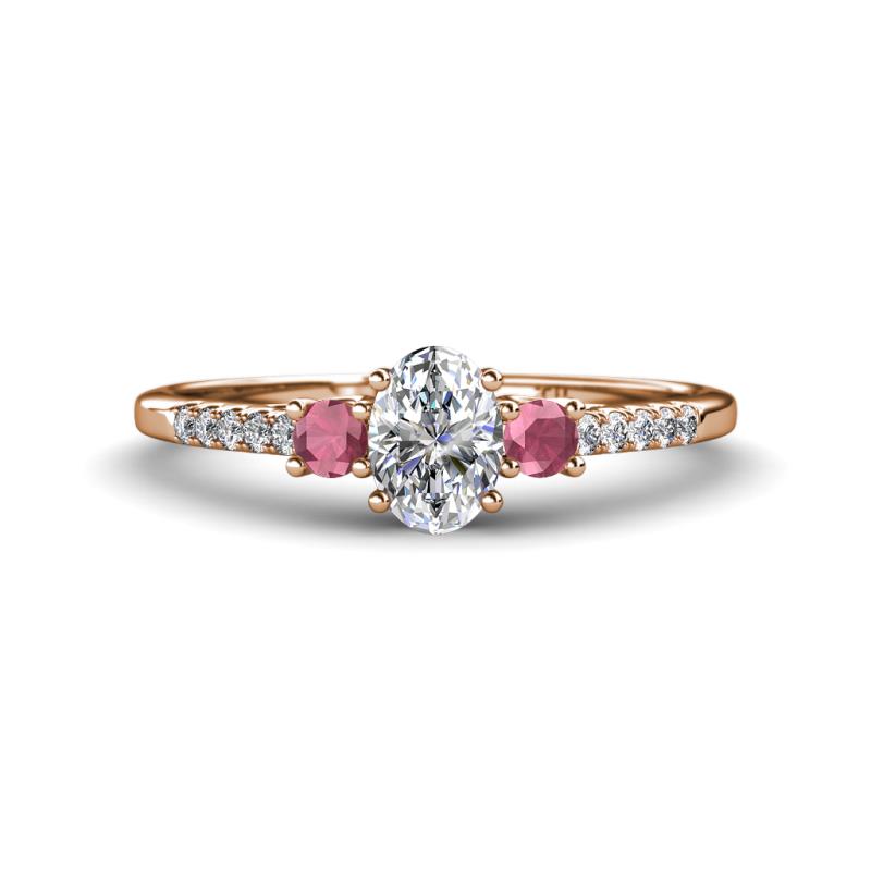 Arista Classic Oval Cut Lab Grown Diamond and Round Rhodolite Garnet Three Stone Engagement Ring 
