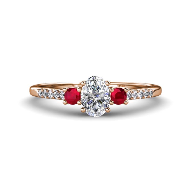 Arista Classic Oval Cut Lab Grown Diamond and Round Ruby Three Stone Engagement Ring 