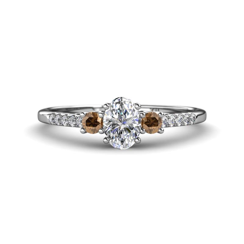 Arista Classic Oval Cut Lab Grown Diamond and Round Smoky Quartz Three Stone Engagement Ring 