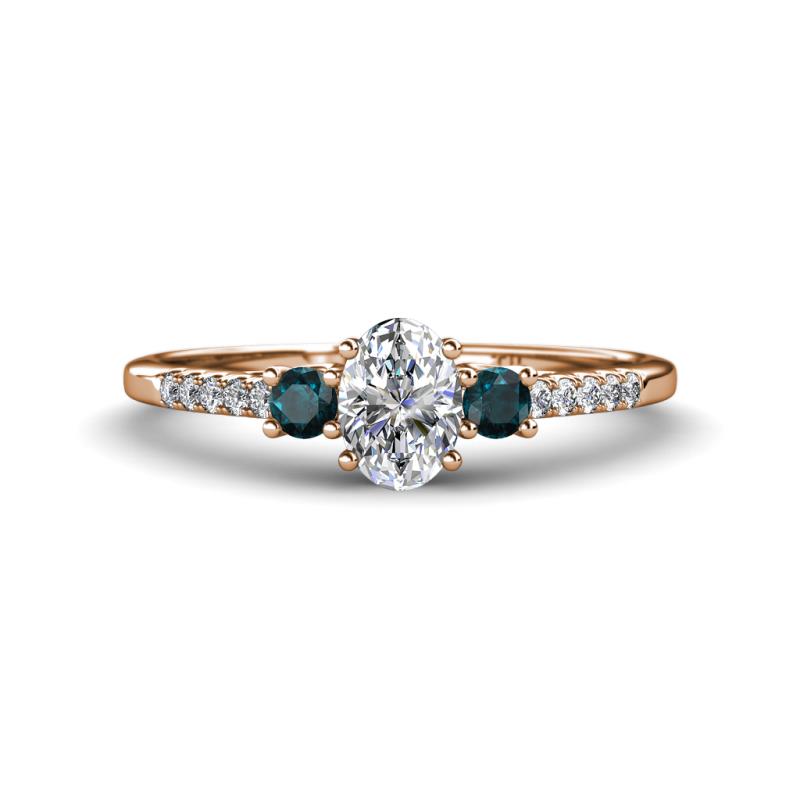 Arista Classic Oval Cut Lab Grown Diamond and Round London Blue Topaz Three Stone Engagement Ring 