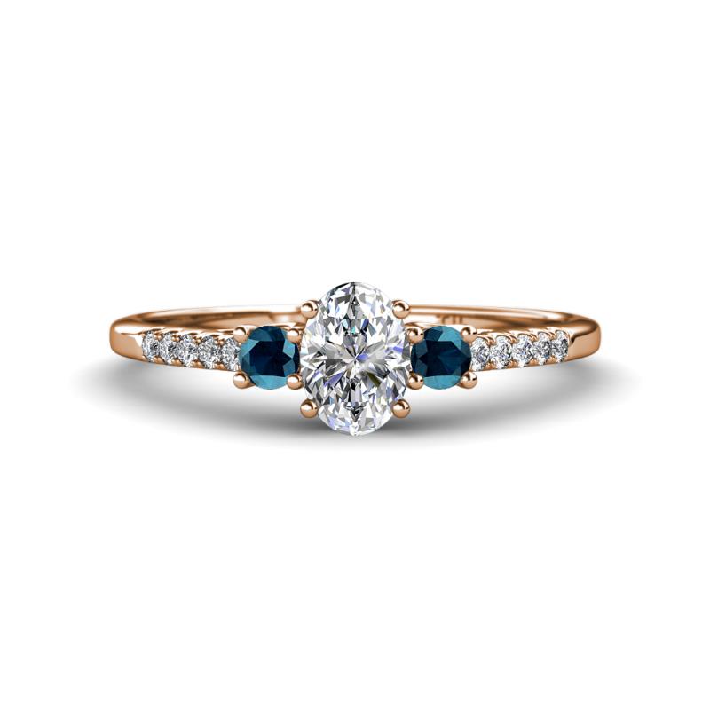 Arista Classic Oval Cut Lab Grown Diamond and Round Blue Diamond Three Stone Engagement Ring 