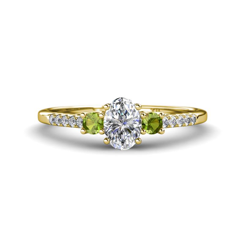 Arista Classic Oval Cut Lab Grown Diamond and Round Peridot Three Stone Engagement Ring 