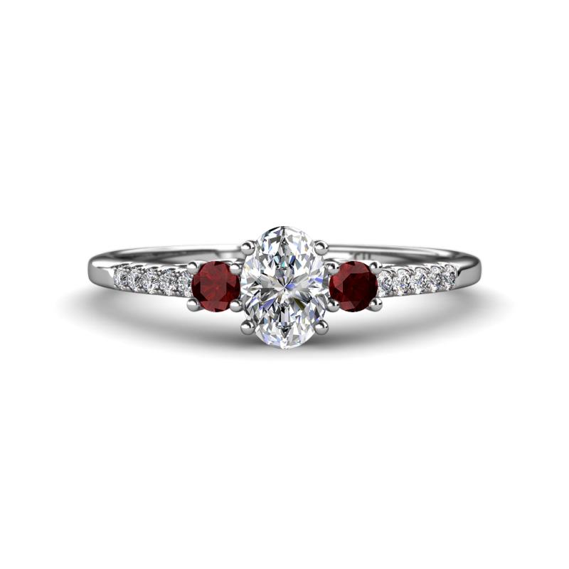 Arista Classic Oval Cut Lab Grown Diamond and Round Red Garnet Three Stone Engagement Ring 