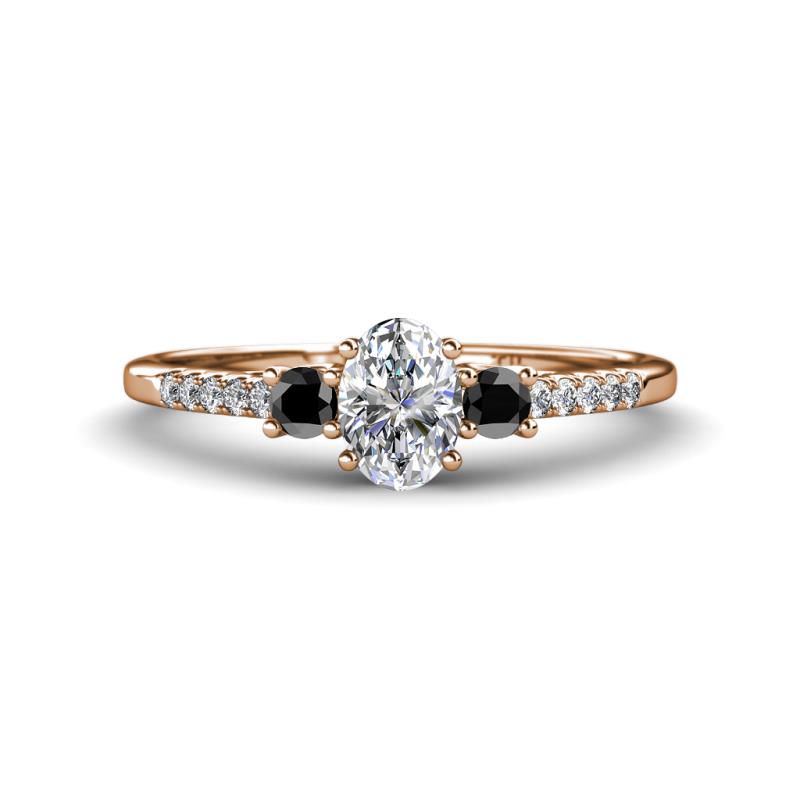 Arista Classic Oval Cut Lab Grown Diamond and Round Black Diamond Three Stone Engagement Ring 