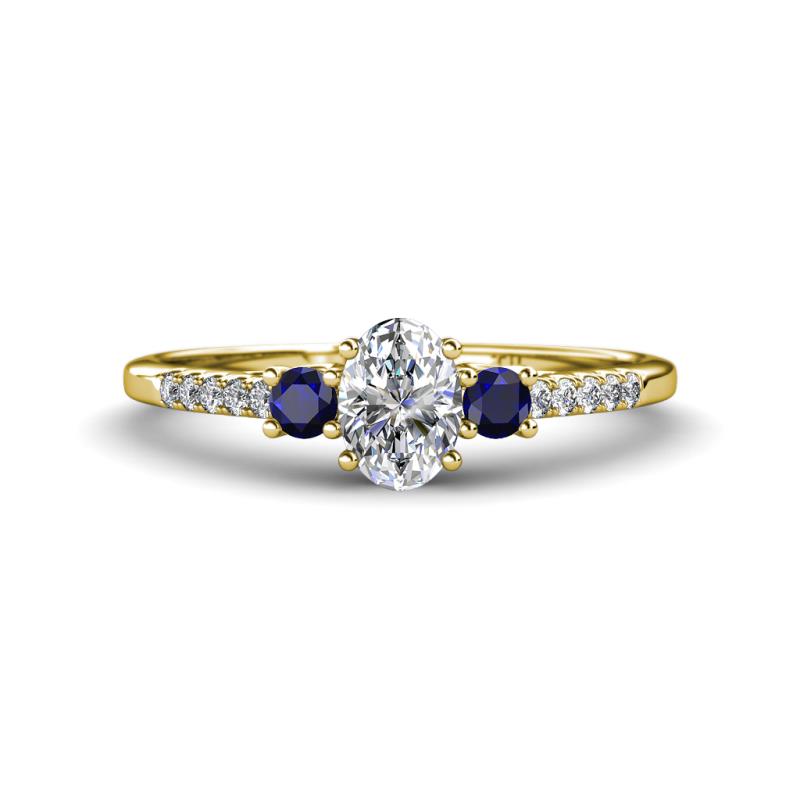 Arista Classic Oval Cut Lab Grown Diamond and Round Blue Sapphire Three Stone Engagement Ring 