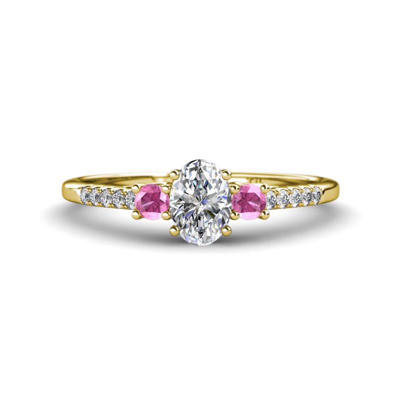 Arista Classic Oval Cut Lab Grown Diamond and Round Pink Sapphire Three Stone Engagement Ring 