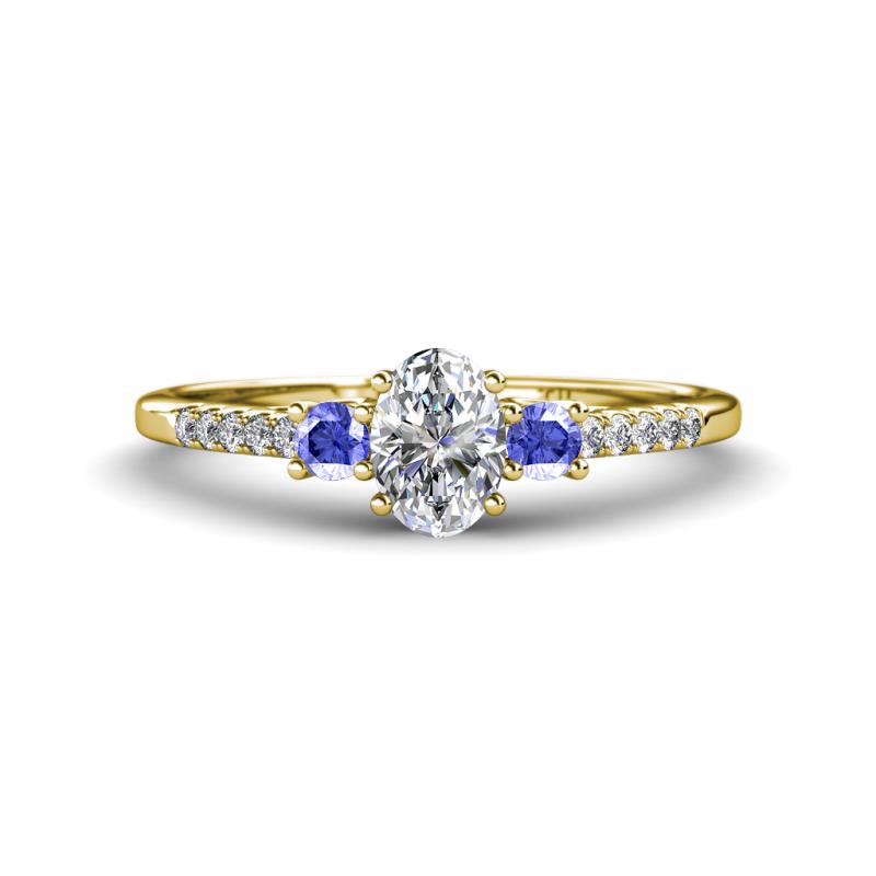 Arista Classic Oval Cut Lab Grown Diamond and Round Tanzanite Three Stone Engagement Ring 