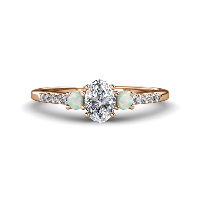 Arista Classic Oval Cut Lab Grown Diamond and Round Opal Three Stone Engagement Ring 