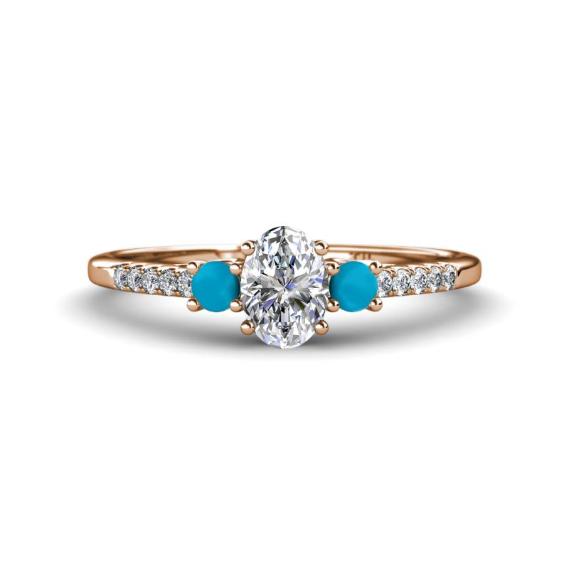 Arista Classic Oval Cut Lab Grown Diamond and Round Turquoise Three Stone Engagement Ring 
