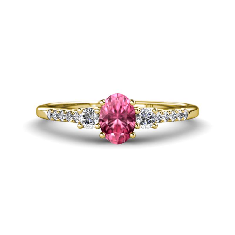 Arista Classic Oval Cut Pink Tourmaline and Round Diamond Three Stone Engagement Ring 