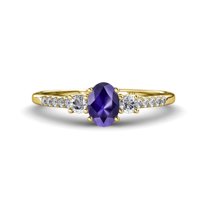 Arista Classic Oval Cut Iolite and Round Diamond Three Stone Engagement Ring 