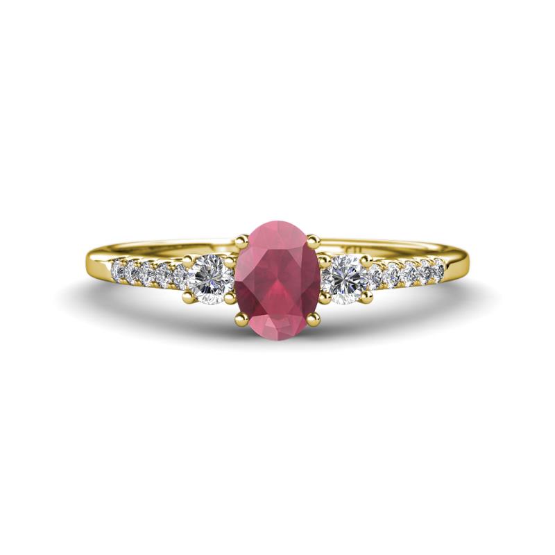 Arista Classic Oval Cut Rhodolite Garnet and Round Diamond Three Stone Engagement Ring 